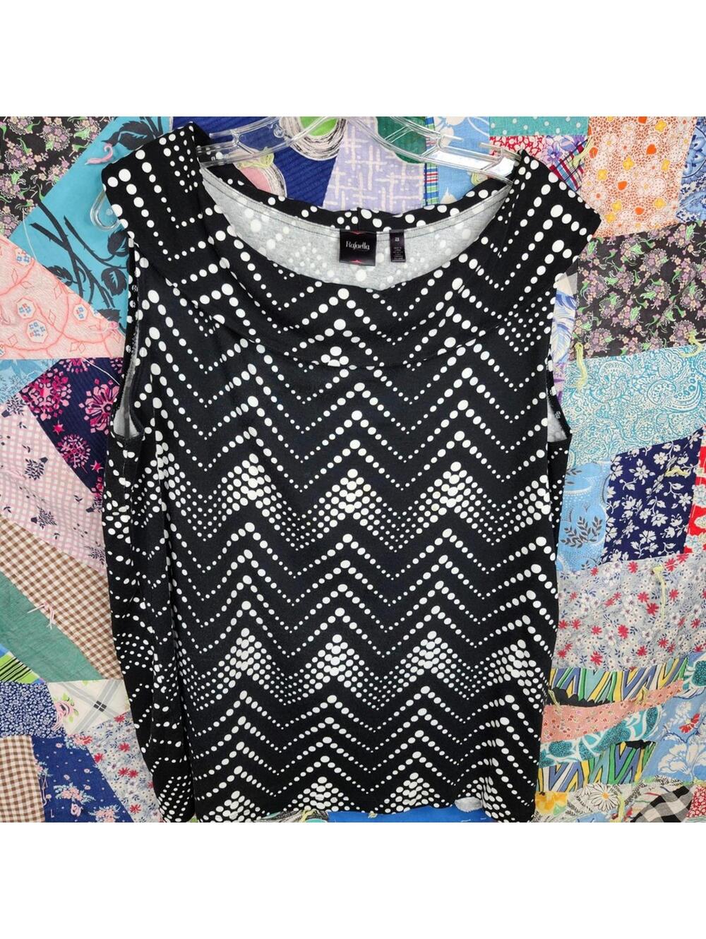 Rafaella Black White Chevron Polka Dot Tank Top 2X Cotton Sleeveless Blouse
